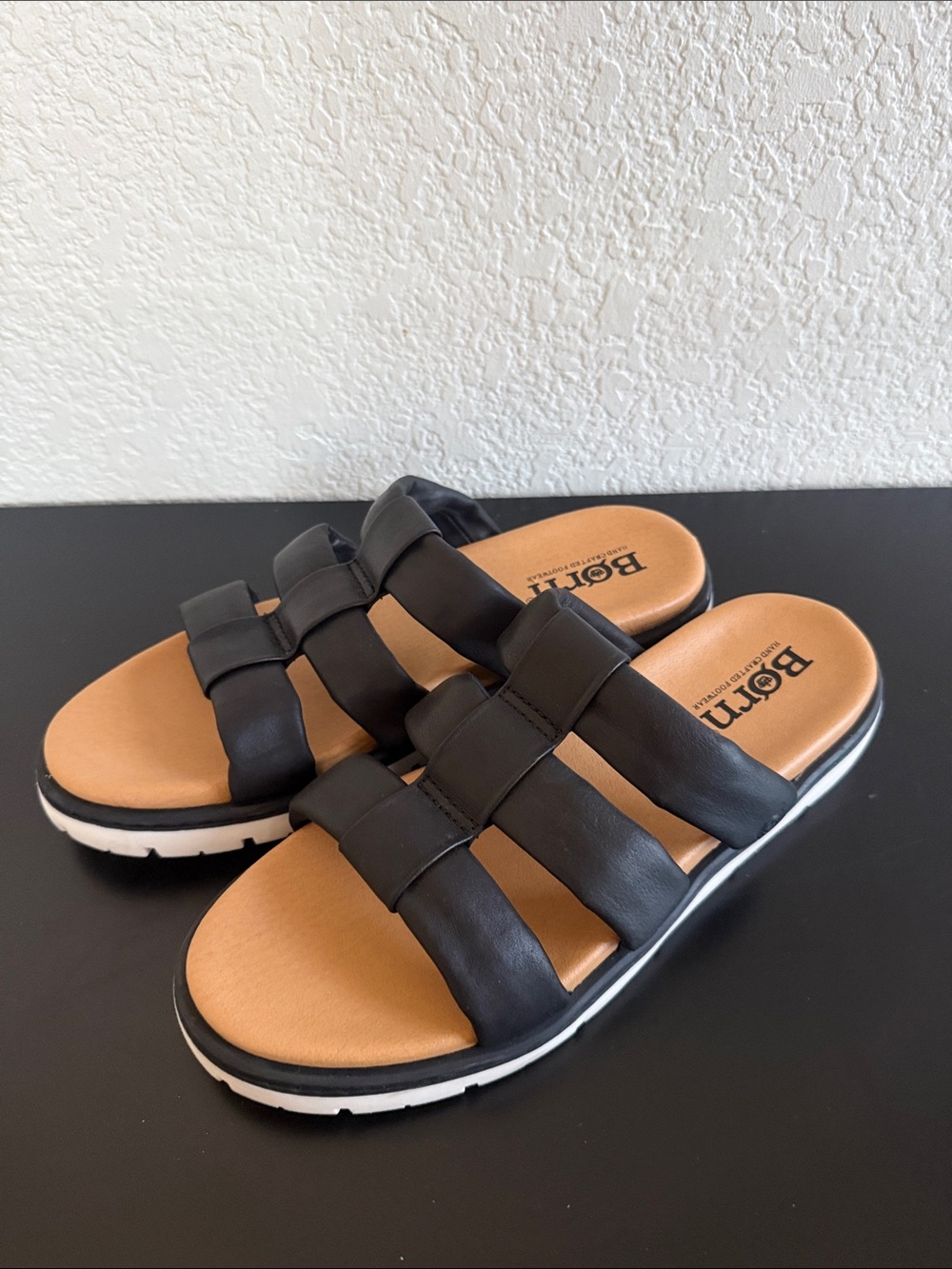 Born Black Leather Daisy Slide Sandals with Tan Footbed